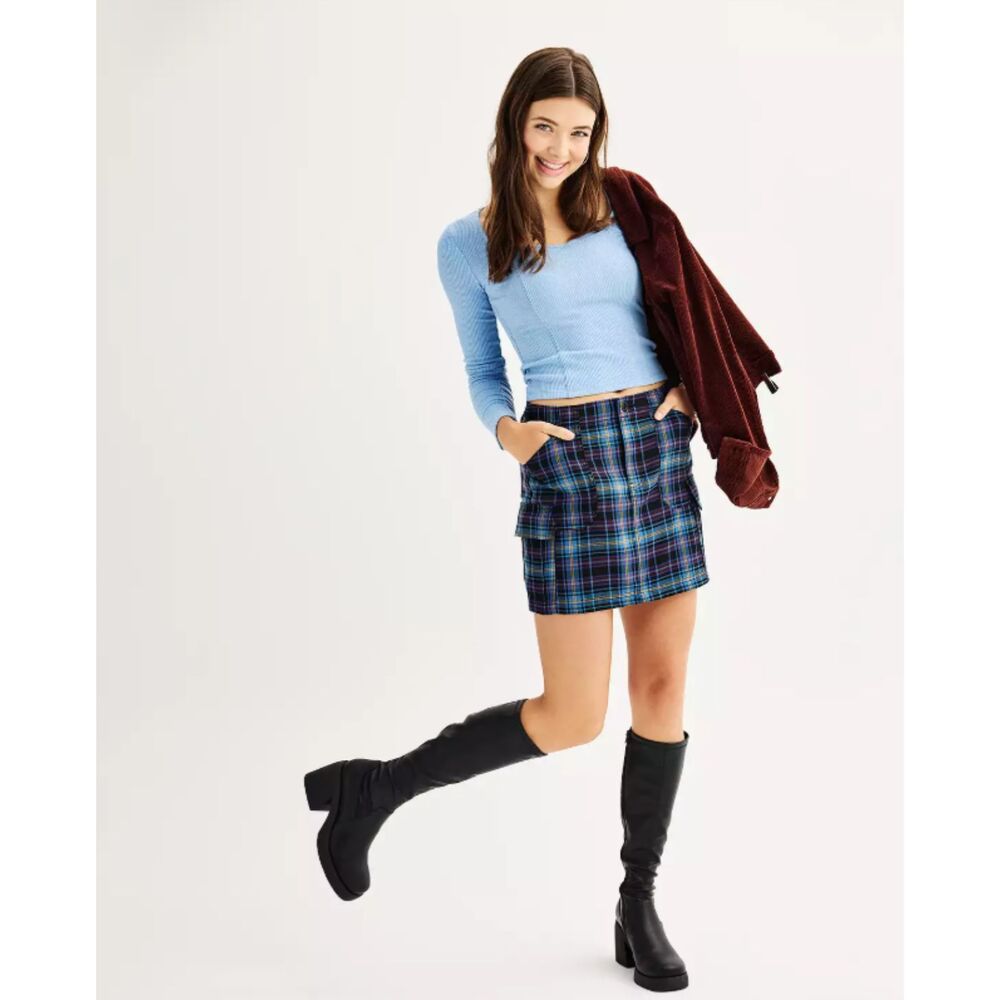 So Mini Skirt 9 Junior's Blue Black Plaid Cargo Utility Pockets Gothic Preppy